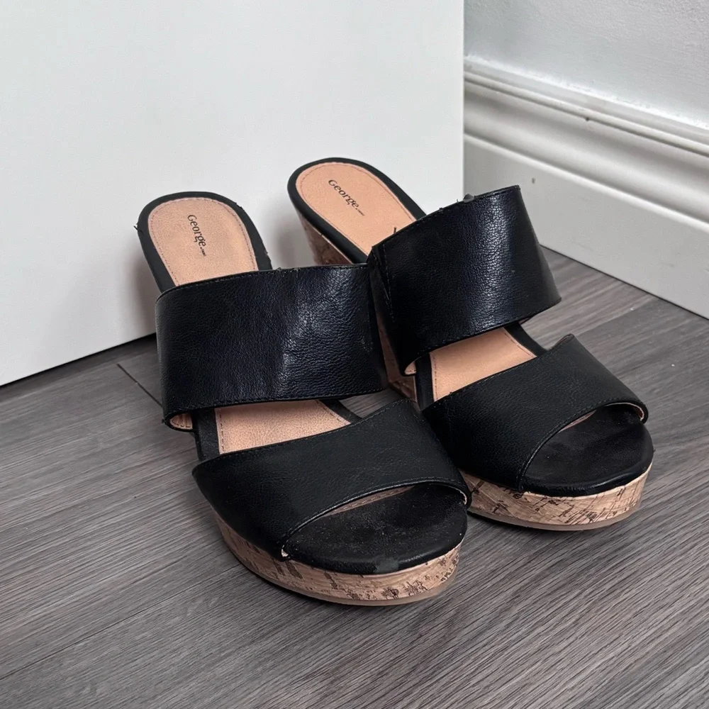 George Black Cork Wedge Sandals - Picture 2 of 10